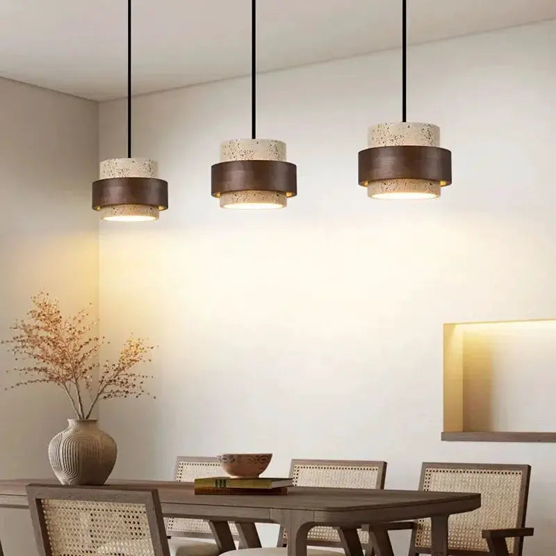 Japanese Wabi Sabi Style Bar Pendant Lamp by Simples Market, trio ceramic shades with dark wood bands over dining table