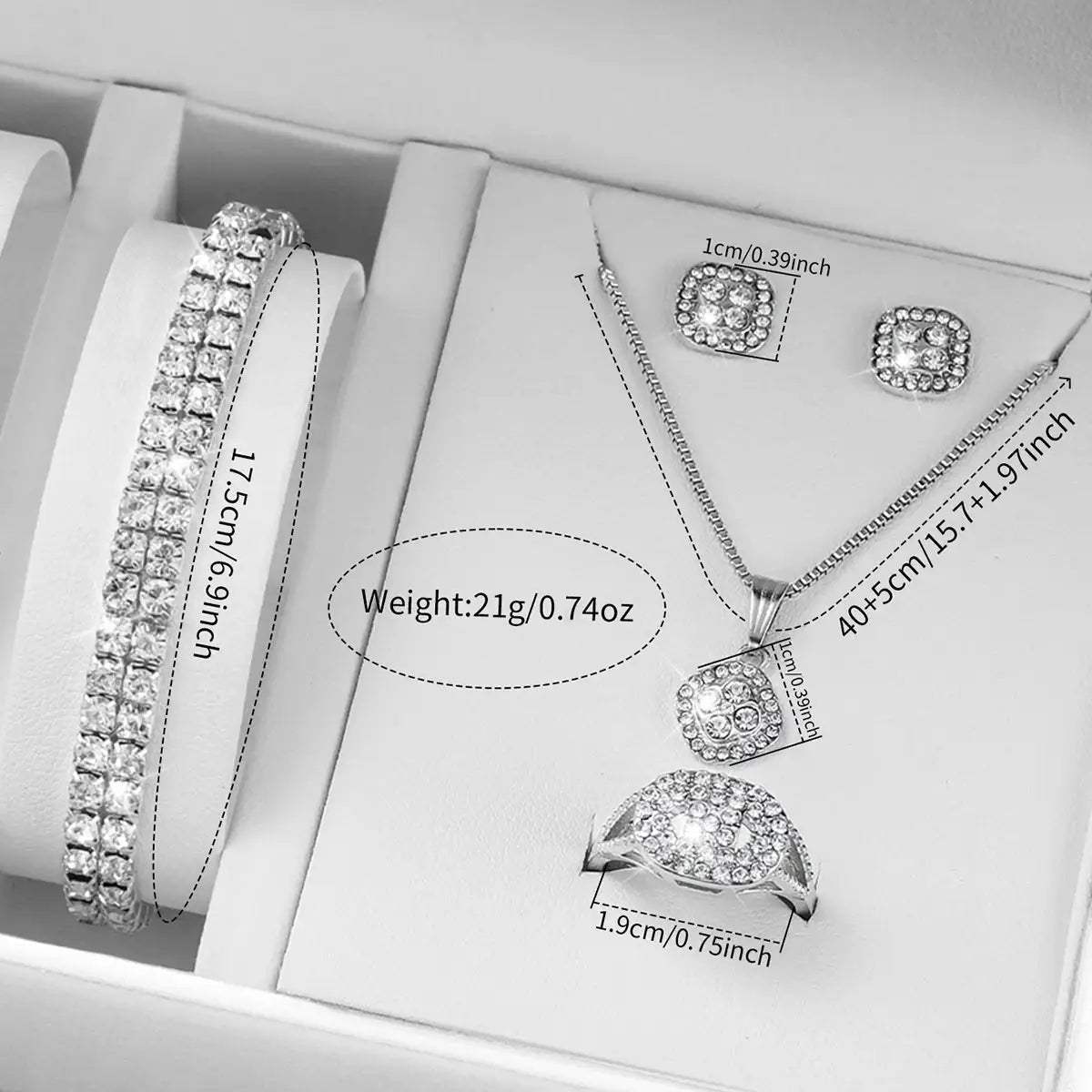 6-piece women's jewelry set in silver-tone with crystal accents: bracelet, pendant necklace, ring, and stud earrings