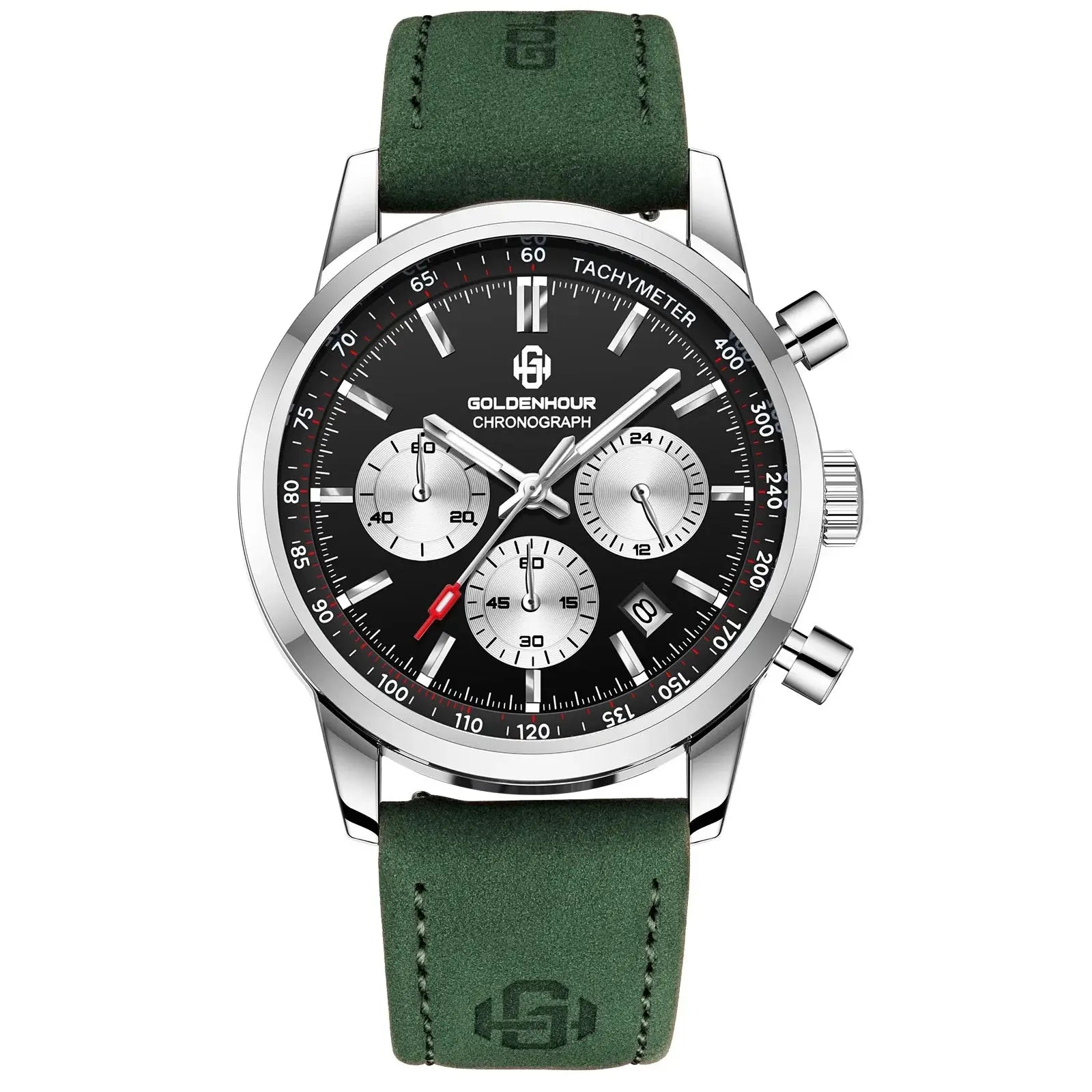 Men's Goldenhour green chronograph quartz watch with leather strap and stainless steel case