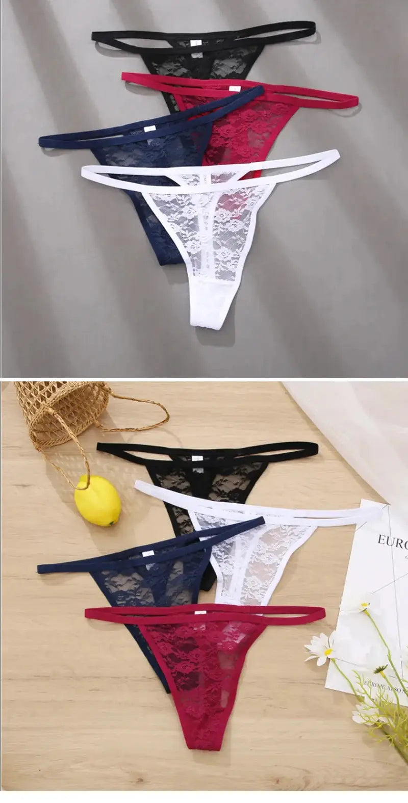 Simples Market 5-pc lace panties set for women, floral lace thongs in black, red, blue, navy, and white.
