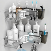 No-drilling stainless steel triangle double-layer corner shelf for bathroom and kitchen, silver finish with hooks
