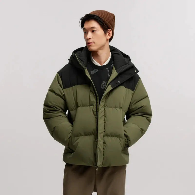 Semir men's puffer down jacket, olive green with black shoulder panels, hooded winter coat