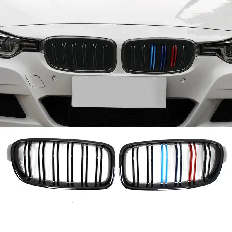Simples Market ABS BMW front kidney grille pair, dual slat, black with blue/red stripe accents for F30-F35 2012-2018