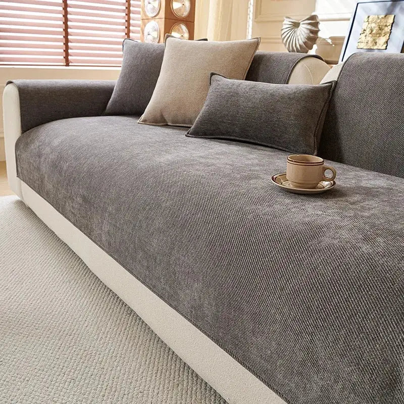 Sofa cover by Simples Market: minimalist twill chenille anti-slip, gray, all-season living room slipcover.