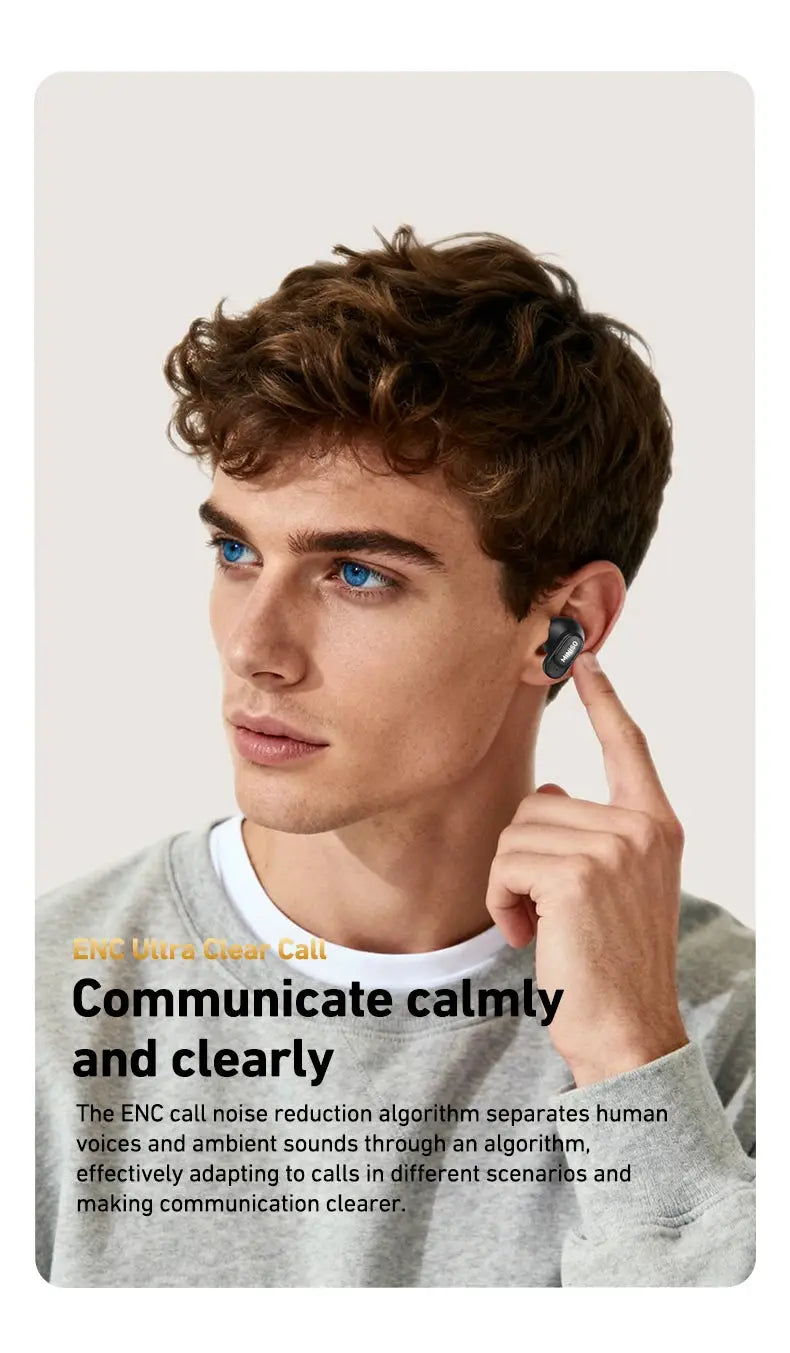 MINISO MS105 wireless in-ear earbuds; black earbuds with MINISO logo worn by a man