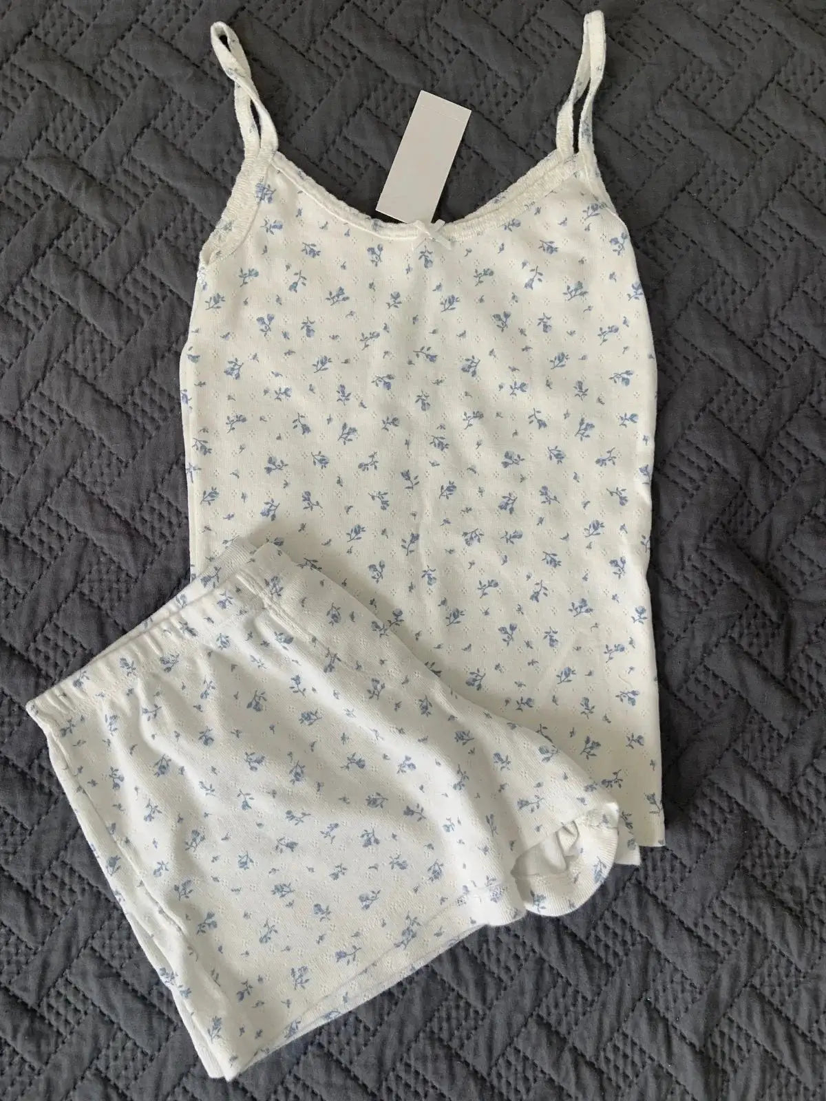 Strawberry Print Vest And Shorts Set For Women Eyelet Bow Tank Top