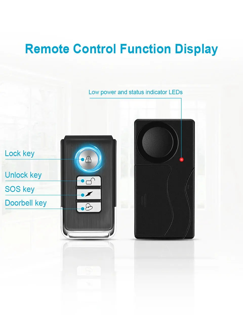 Wireless vibration alarm remote and receiver set, black 2-piece with lock, unlock, SOS and doorbell buttons, 110dB