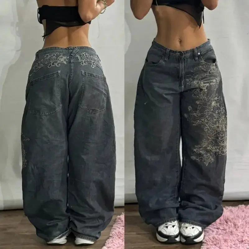 2025 oversized baggy jeans for men by Simples Market, dark wash with white embroidery, high waist, wide leg