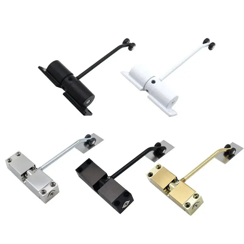 Five automatic spring door closers in black, white, silver and brass finishes by Simples Market
