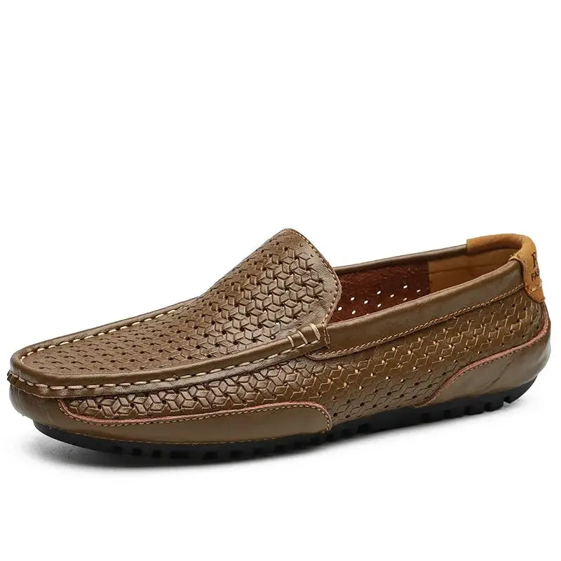 Men's brown genuine leather loafers with woven upper, slip-on driving mocassin.