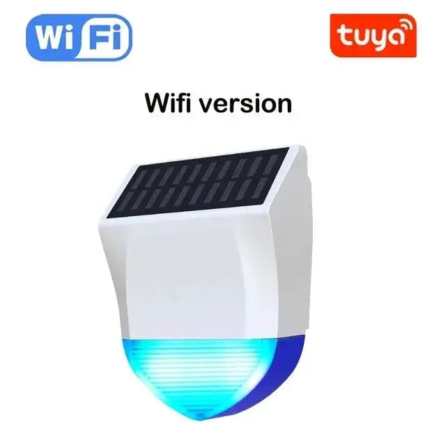 Tuya WiFi outdoor white siren alarm with solar panel, USB power, blue LED light, 95dB remote control