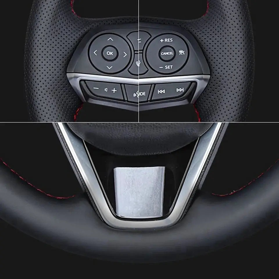 Steering wheel cover, black leather with red stitching, non-slip grip for VW Golf 4/Passat B5/Seat Leon/Polo