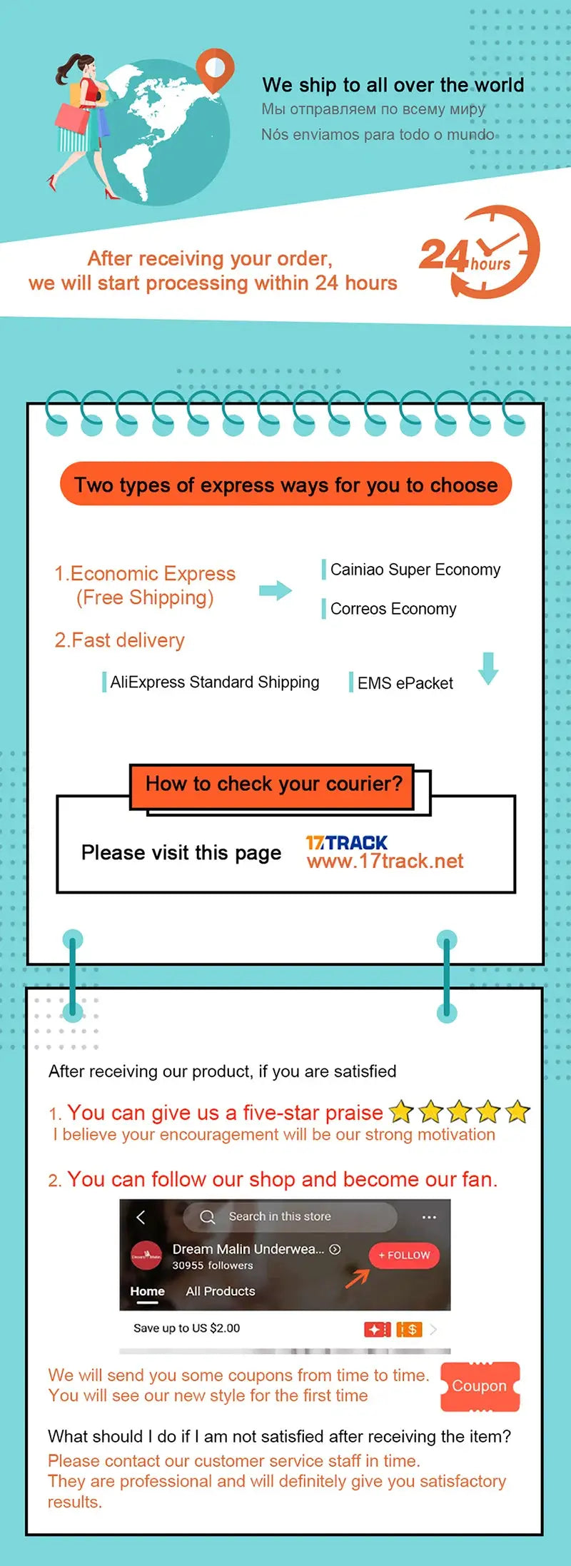 Shipping infographic showing worldwide delivery, 24-hour processing, and express shipping options