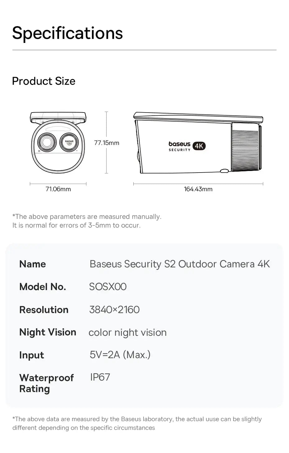Baseus Security S2 outdoor camera 4K dimensions diagram with Baseus Security 4K logo