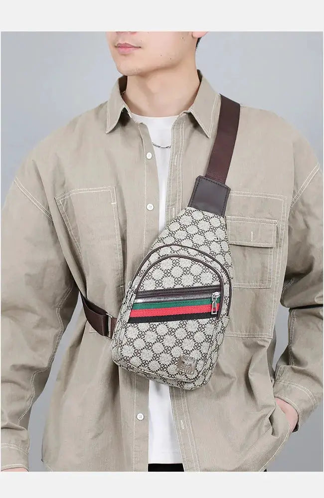 Men's crossbody messenger bag in beige cloth with brown strap, front zipped pocket and earphone hole