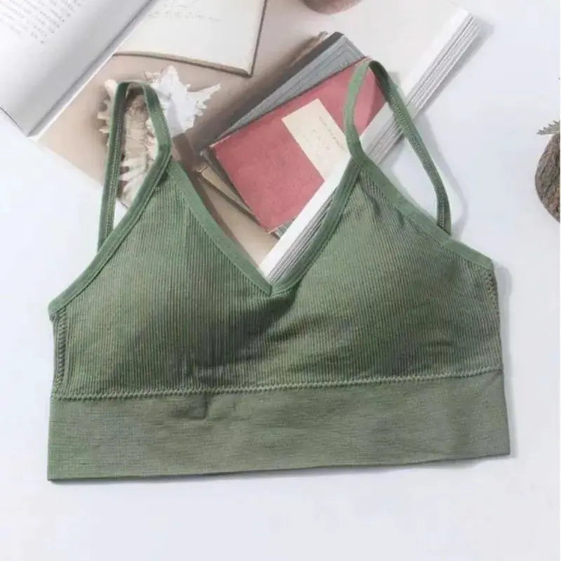 Green cotton seamless bra top with ribbed texture and wide elastic band