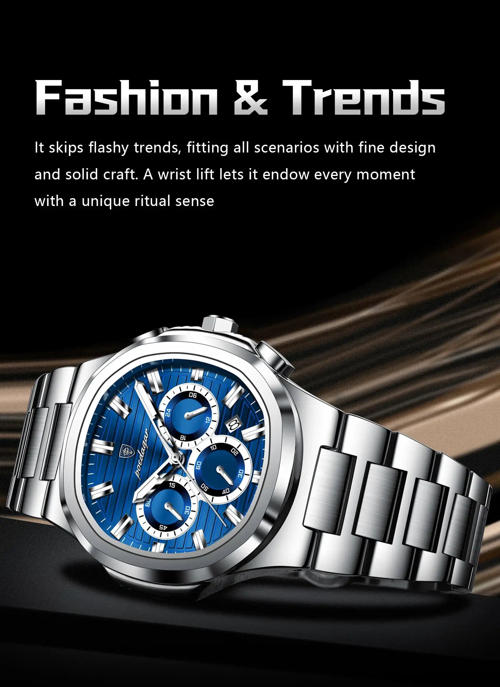 POEDAGAR stainless steel men's chronograph wristwatch with blue dial