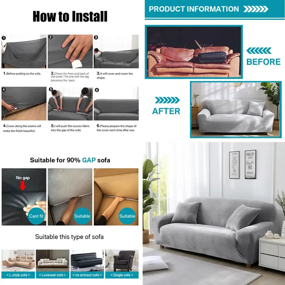 Simples Market stretch velvet sofa cover for 1-4 seat couches with non-slip elastic bottom, gray