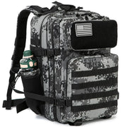 Tactical MOLLE survival backpack in gray digital camouflage with side pocket and water bottle holder.