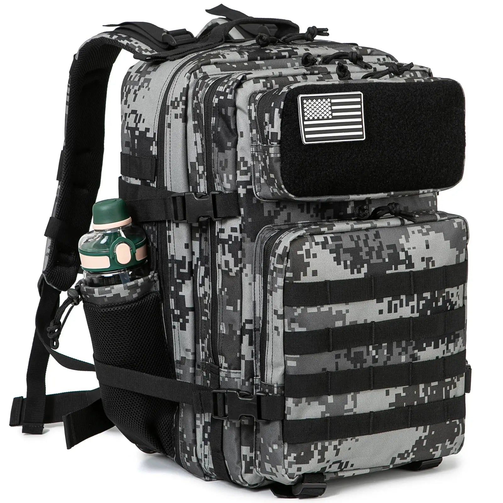 Tactical MOLLE survival backpack in gray digital camouflage with side pocket and water bottle holder.
