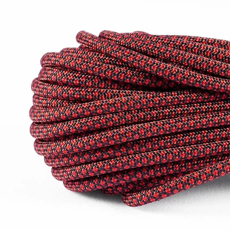 Simples Market 4mm paracord lanyard rope, red and black braided outdoor camping cord, coiled.