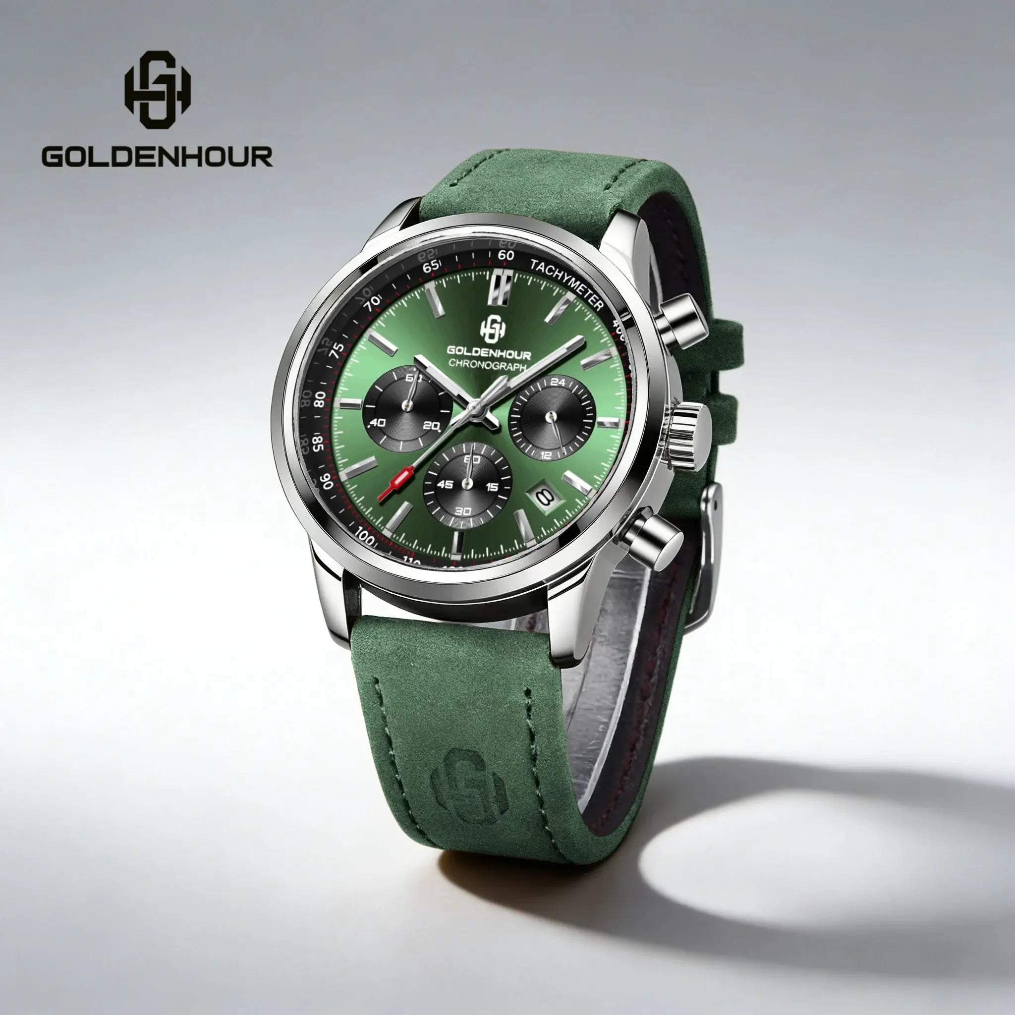 Goldenhour men's green chronograph watch with green leather strap by Simples Market
