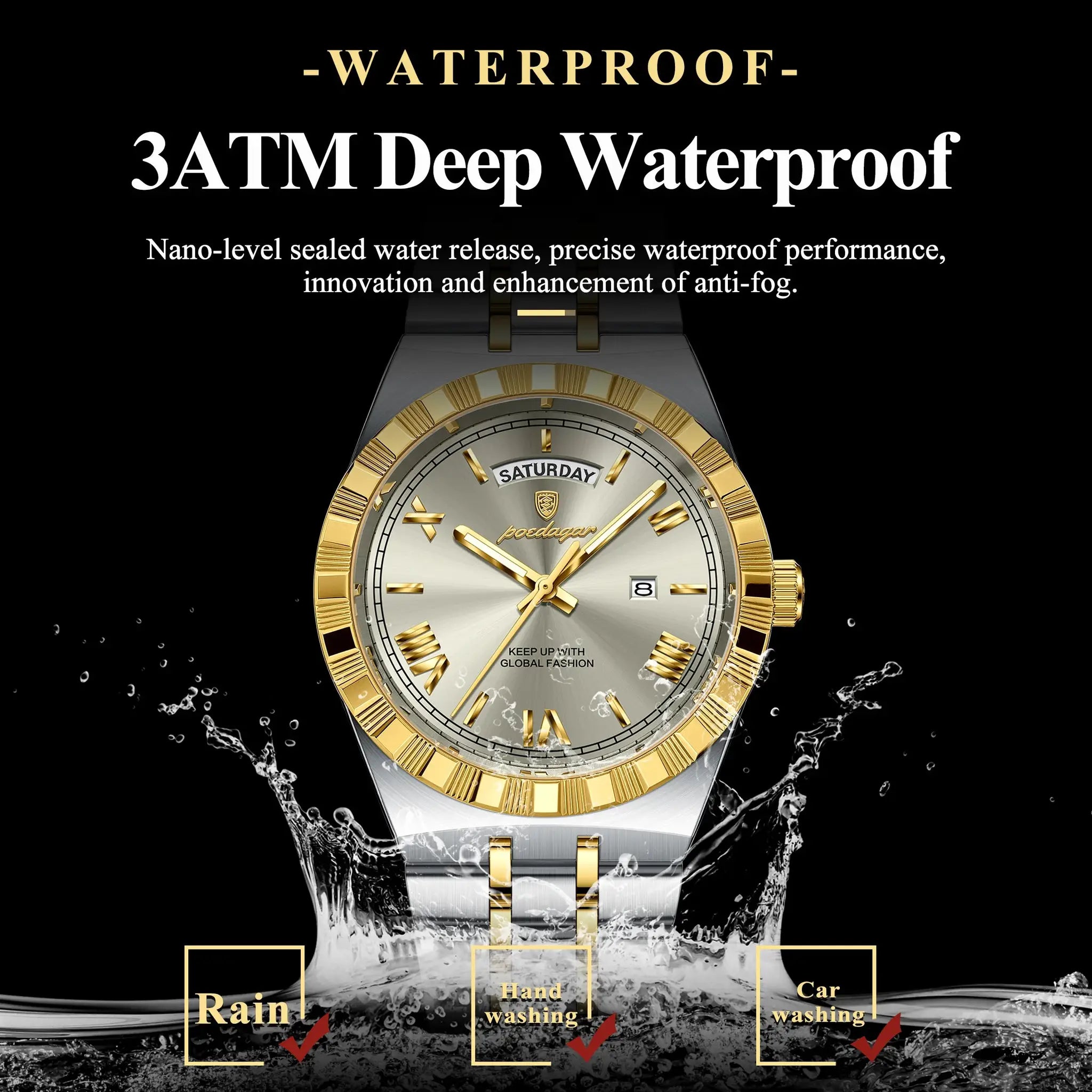 POEDAGAR men's stainless steel wristwatch with gold bezel and silver dial, 3ATM waterproof.