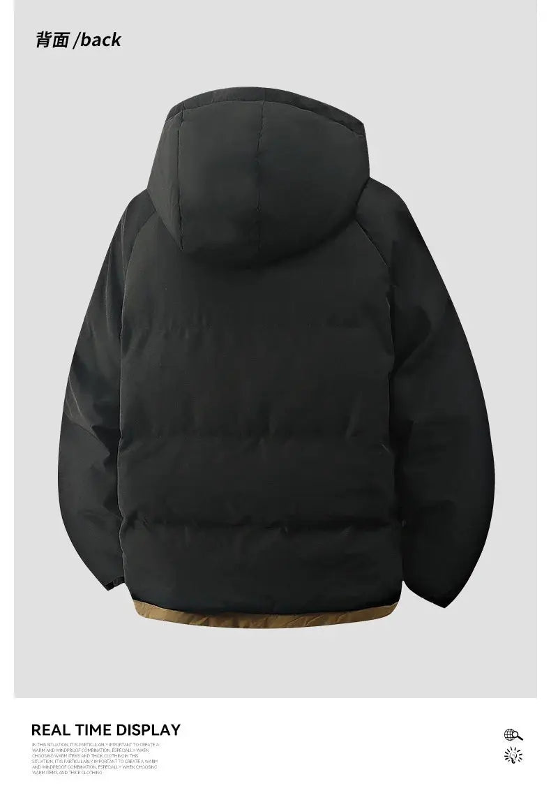 Simples Market men's black hooded puffer jacket, thick warm down coat, back view.