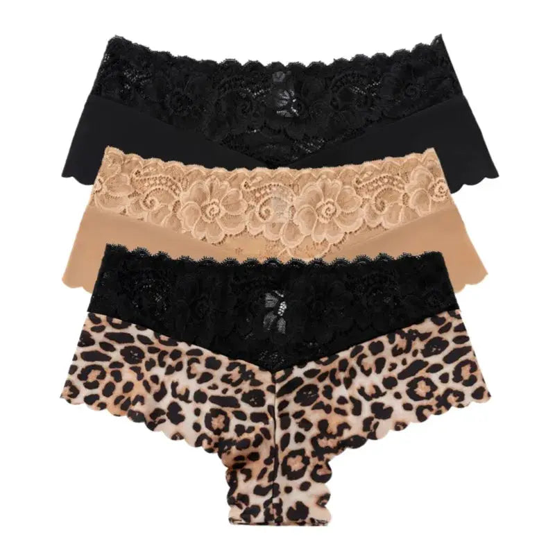 Women's set of four lace panties in black, nude and leopard print with scalloped edges