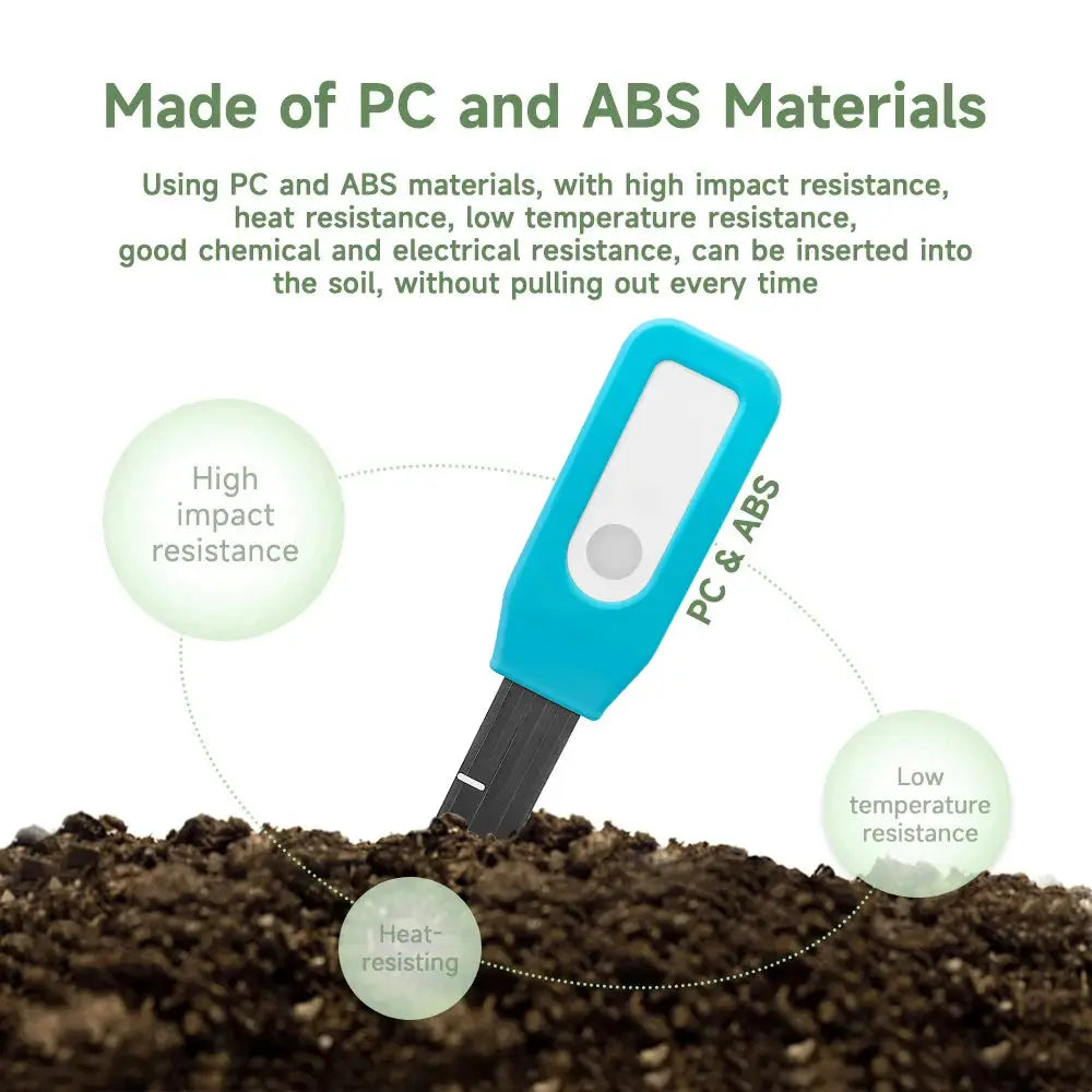 Blue PC & ABS soil tester with white button for temperature and humidity measurement in smart irrigation.