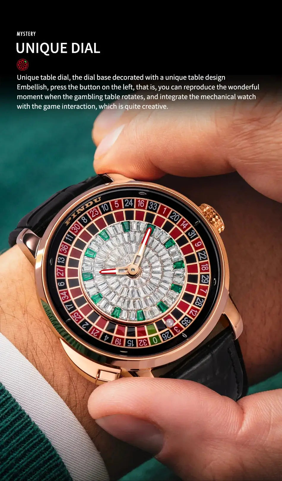 PINDU Design NH35A mechanical men's watch with rose-gold case, black strap, diamond-embellished roulette-style dial.
