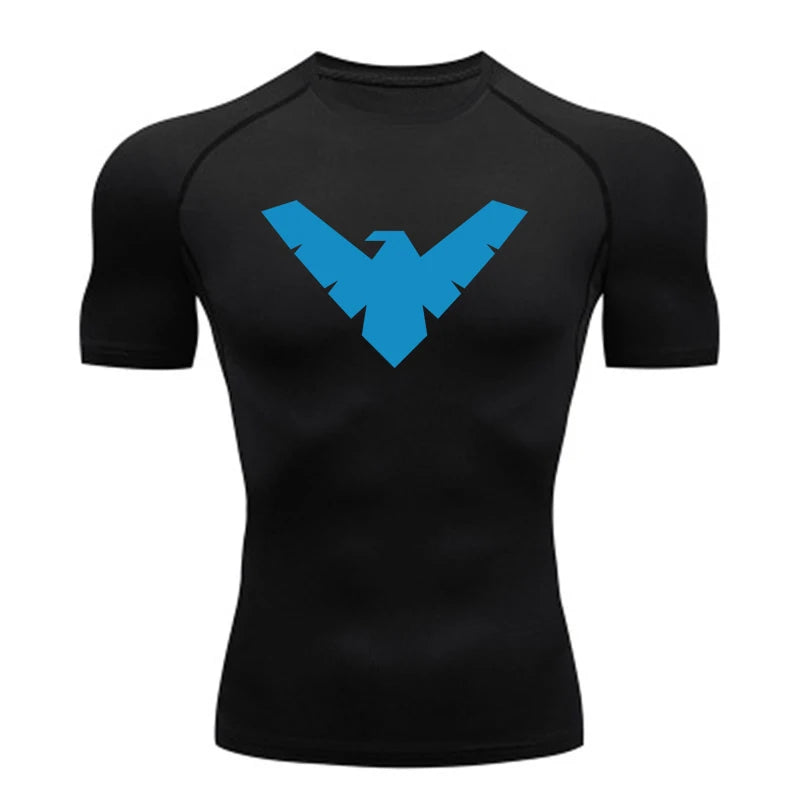Men's black short-sleeve compression athletic shirt with blue chest logo