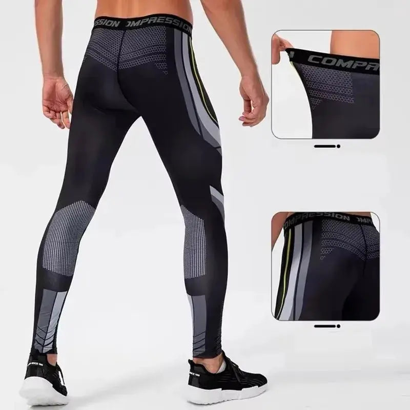 Men's compression pants by Simples Market; black athletic leggings with gray panels and branded waistband.