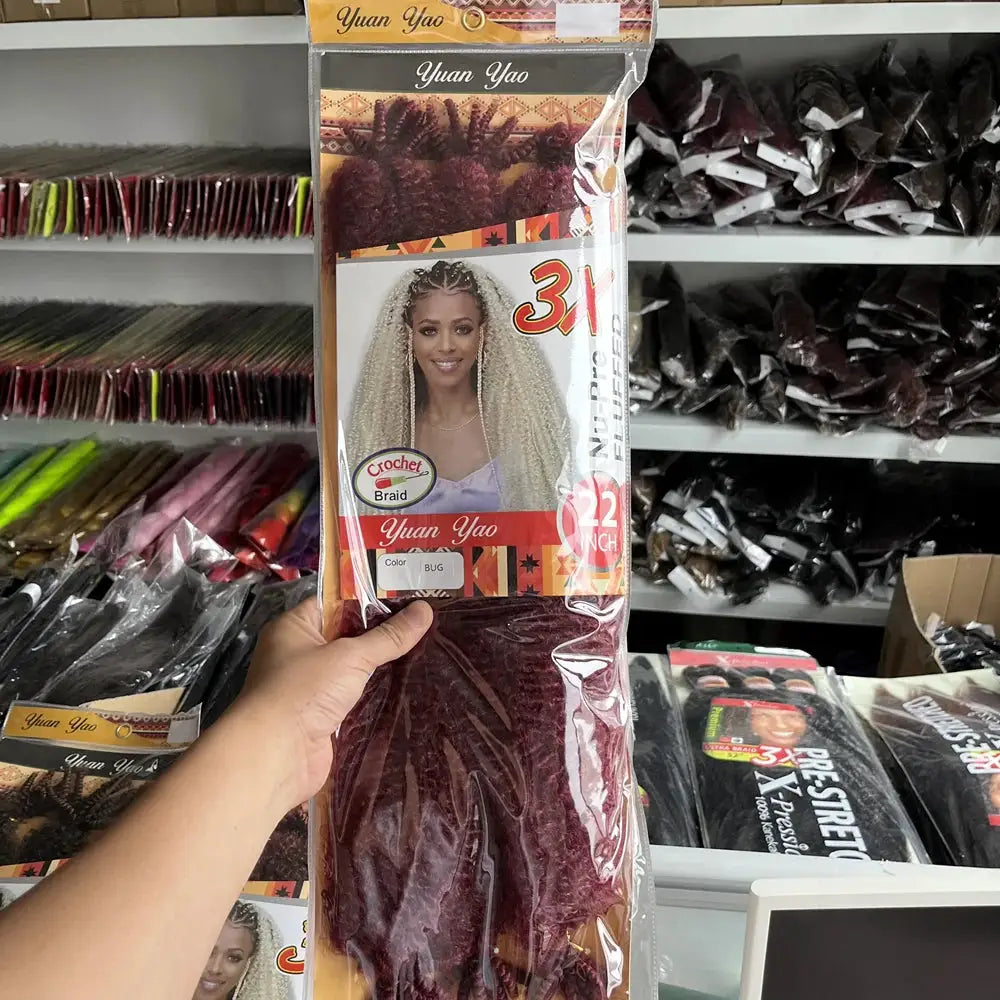 Crochet braiding hair Marley Afro twist, 22 inch, burgundy synthetic extensions in Yuan Yao packaging