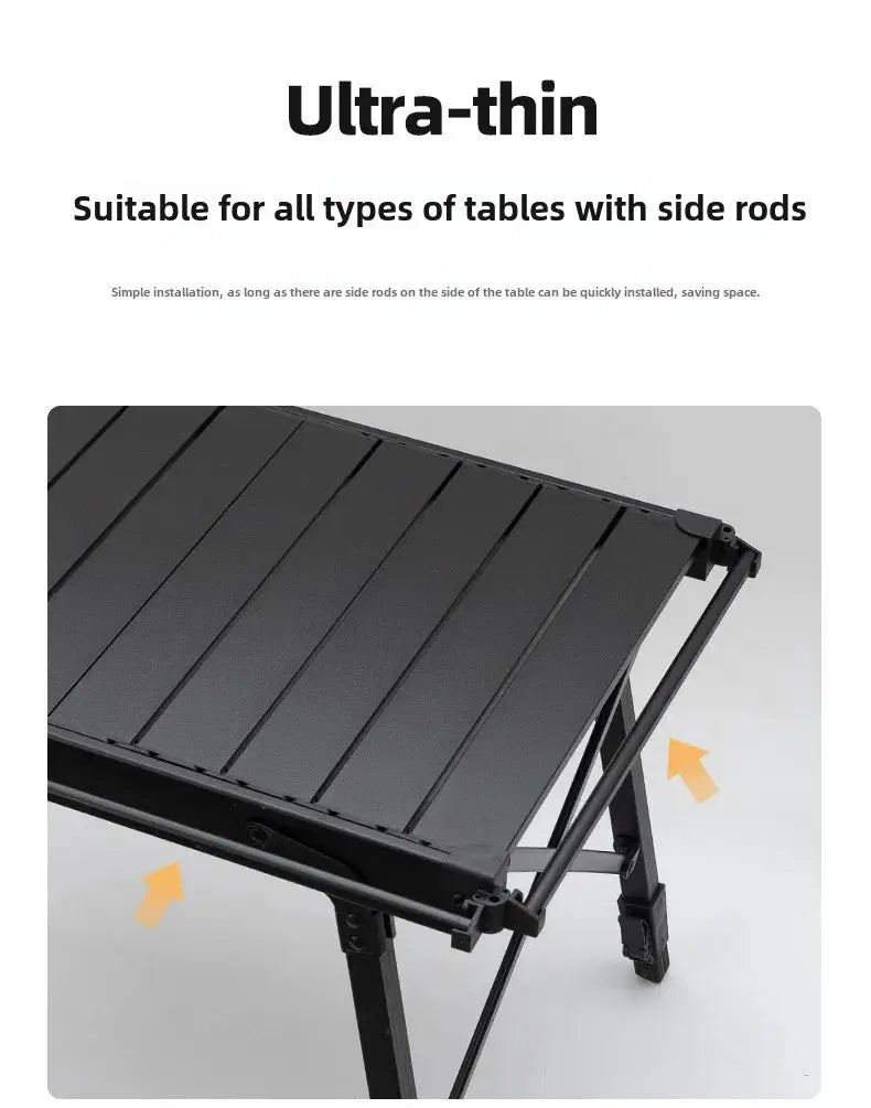 Outdoor black aluminum folding table with side storage rack and extension bracket