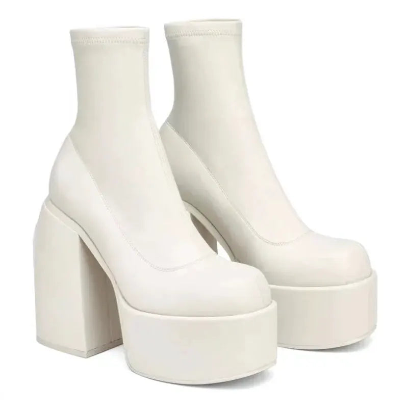 VivaModa Women Short Boots Leather Square Toe Zipper High Heels Thick Sole Winter Boots