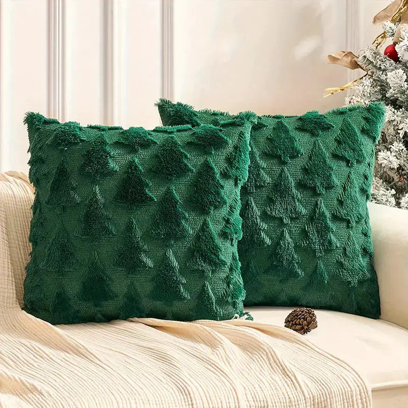 Two green plush tree-pattern pillow covers for couch, festive winter home decor