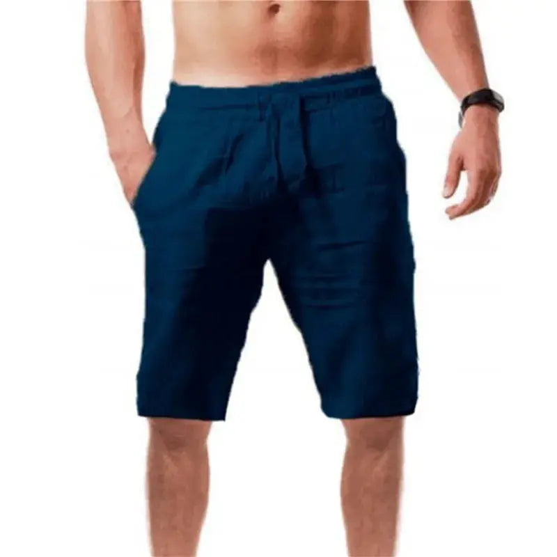 Men's cotton shorts by Simples Market, navy blue knee-length solid color with drawstring.