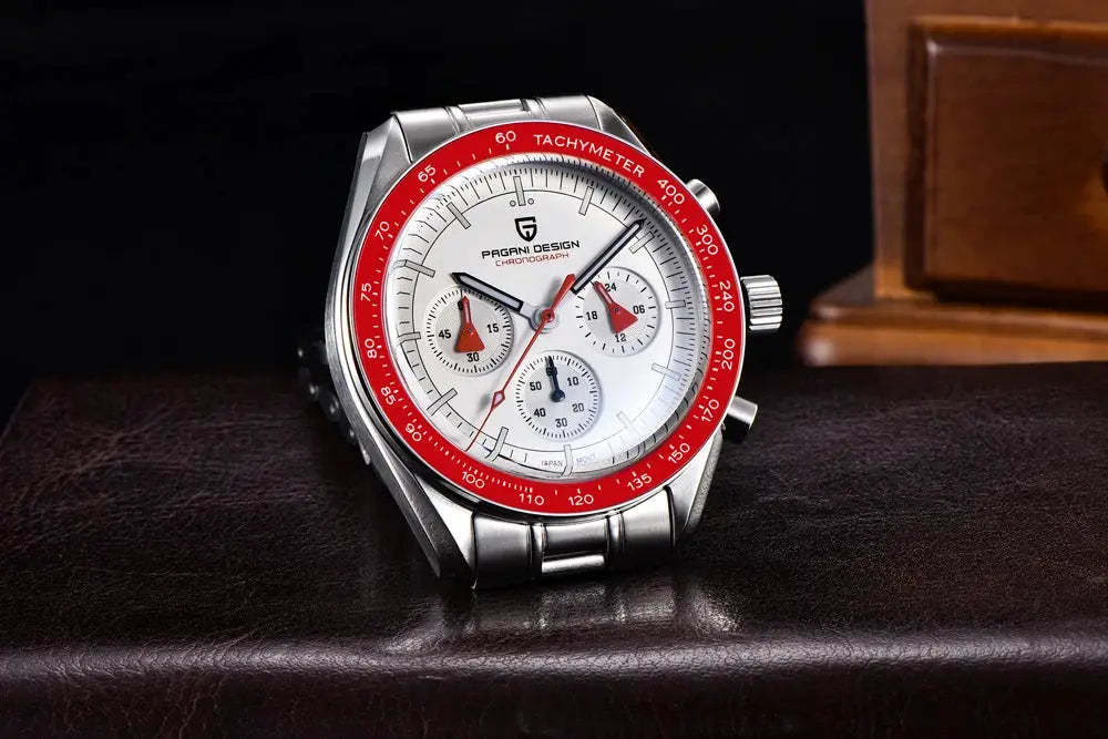 Pagani Design men's chronograph watch with white dial, red bezel, and stainless steel bracelet.