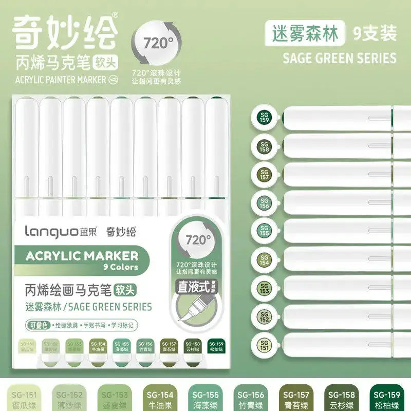 Acrylic marker set, 9 markers with soft brush tips, Simples Market Sage Green Series