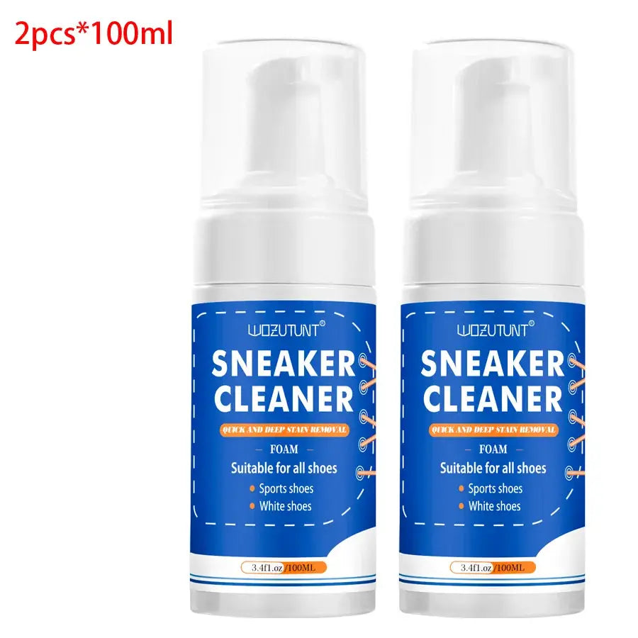Two 100ml WOZUTUNT Sneaker Cleaner foam bottles with blue labels; no-wash cleaner for all shoes.