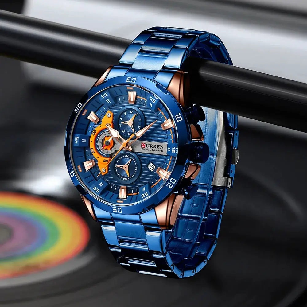 Curren 8402 men's blue stainless steel watch with luminous chronograph dial.