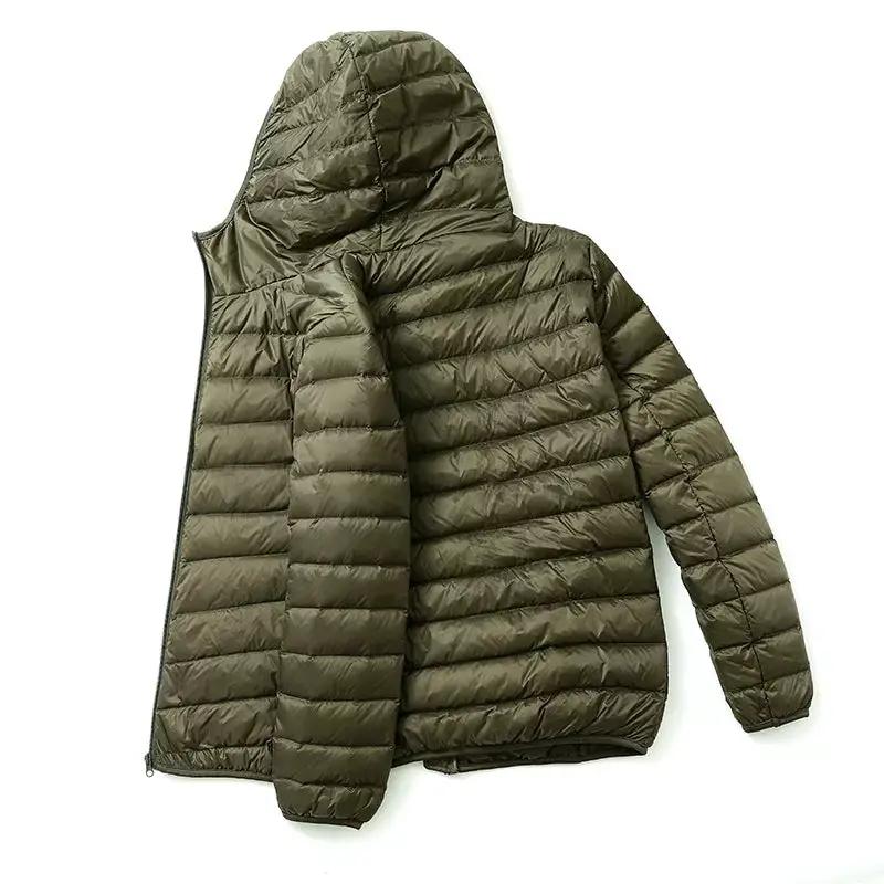 Men's olive green hooded puffer jacket with lightweight duck-down fill