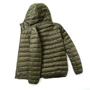 Hooded duck-down jacket, olive green quilted puffer, ultra-light men's coat by Simples Market