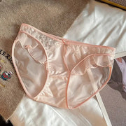 Women’s pink lace-mesh satin panties with ruffle edges, low-waist seamless underwear, Simples Market
