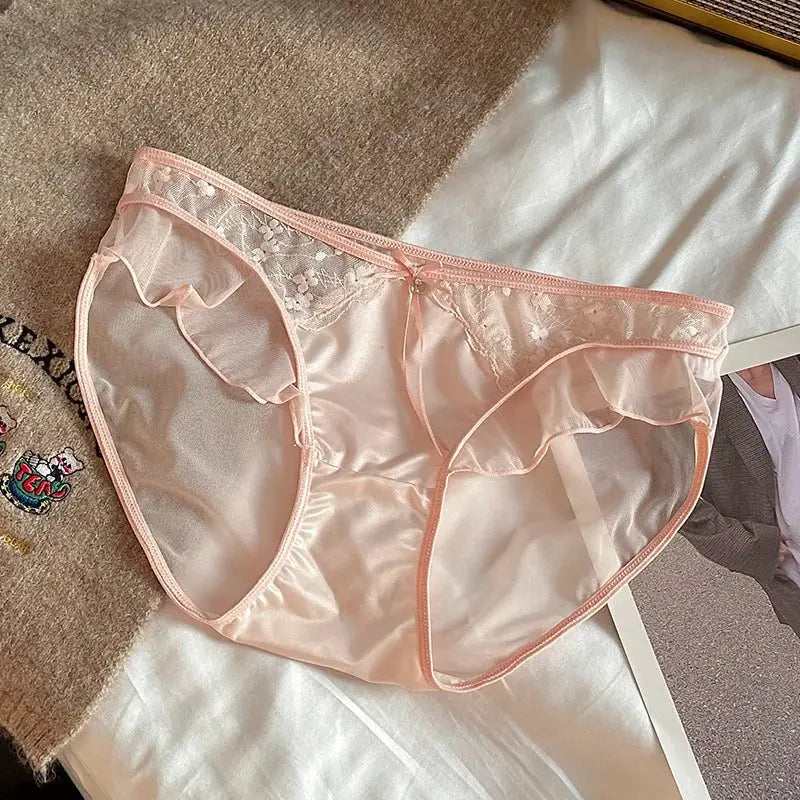 Women’s pink lace-mesh satin panties with ruffle edges, low-waist seamless underwear, Simples Market