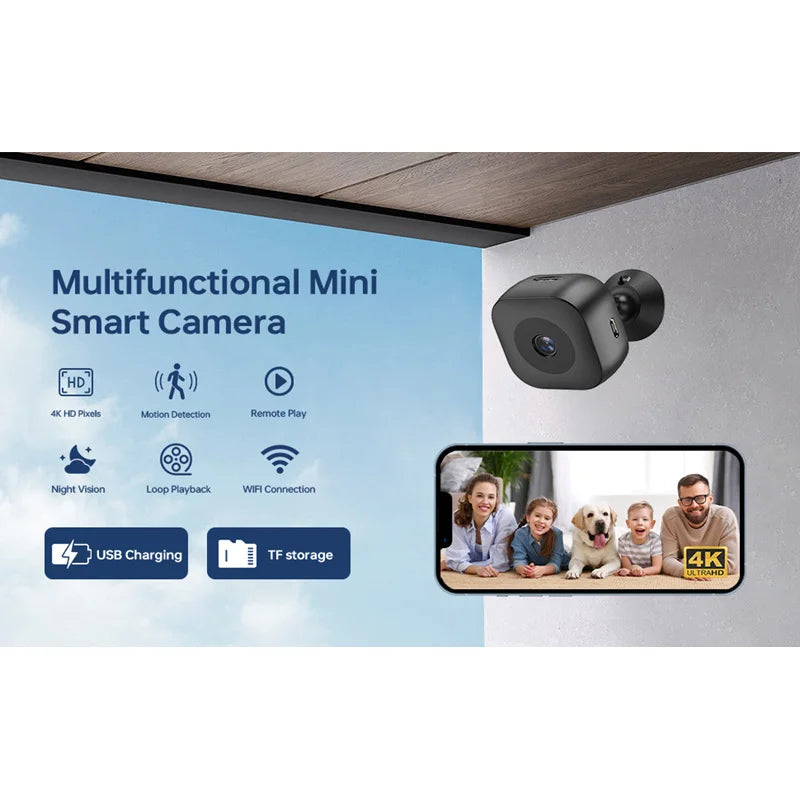 Smart 4K Mini Camera by Simples Market; compact black cube with night vision, WiFi, and motion detection.