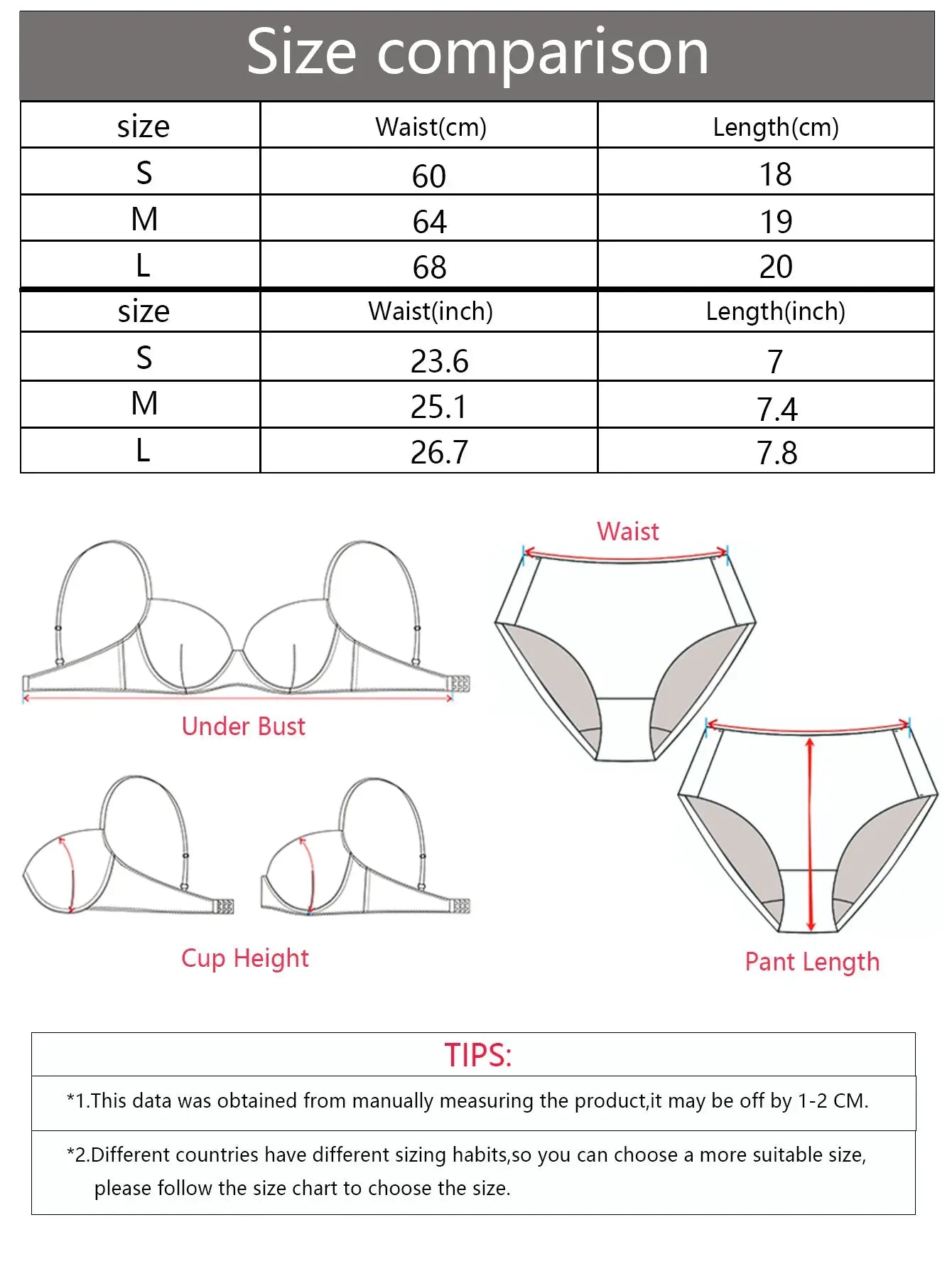 3-pack lace thong underwear in multiple colors with size chart and measurement diagrams