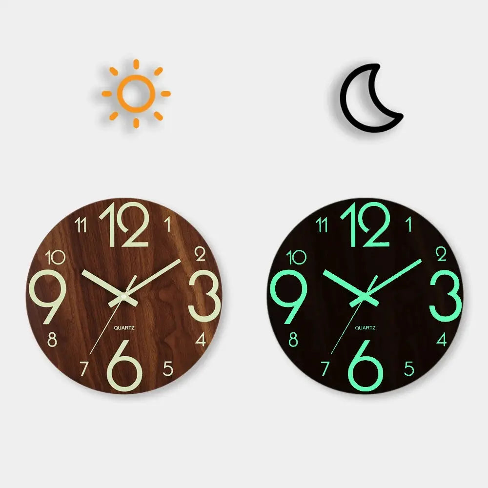 Two 12-inch luminous wall clocks: wood finish with beige numerals and black finish with green glow-in-the-dark numerals