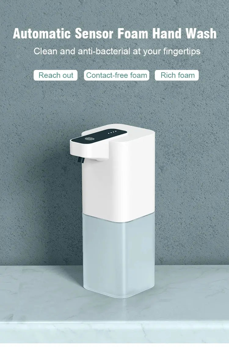 Simples Market automatic touchless soap dispenser with infrared sensor; white top, light-blue lower tank.